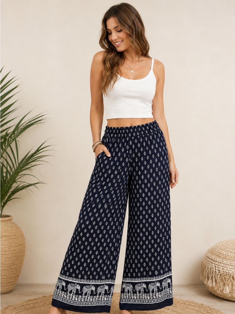 Live 4 Truth XL Elephant Print Wide Leg Pants Boho Palazzo Lined Belted Navy